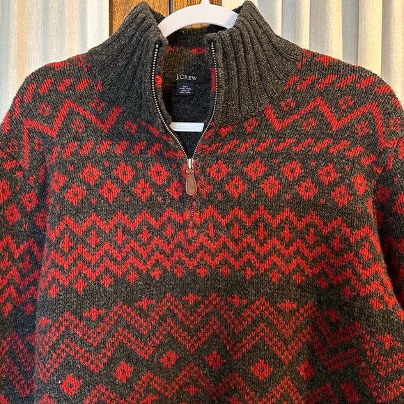 J. Crew Gray Red Fair Isle Lambswool 1/4 Zip Pullover Sweater - Picture 2 of 14